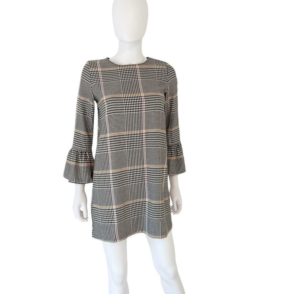 ZARA TRAFALUC Plaid Houndstooth Trumpet Bell Sleeve Mini Dress Small